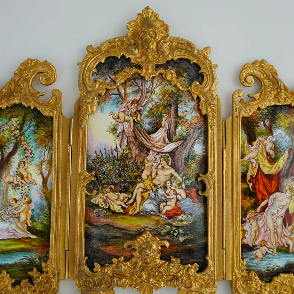 Антикварная венская эмаль на меди, позолоченная бронза, миниатюрный триптический экран 17 дюймов - Изображение 3 из 4
