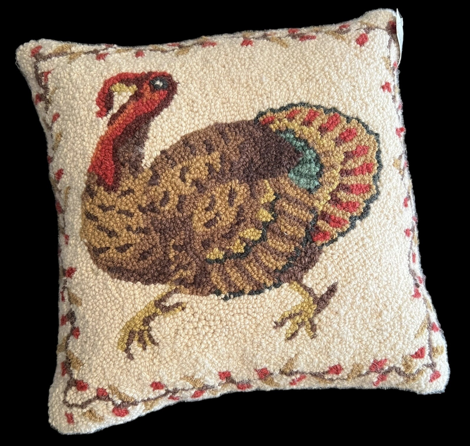 New Peking Handicraft Pillow Thanksgiving Turkey Winter White Hooked Wool 16