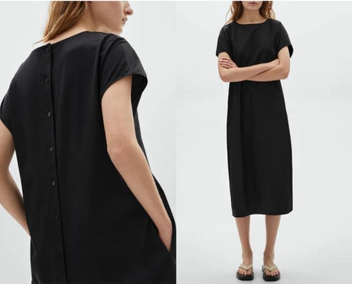 Massimo Dutti Womens Poplin Dress XS Black Midi Buttons Down