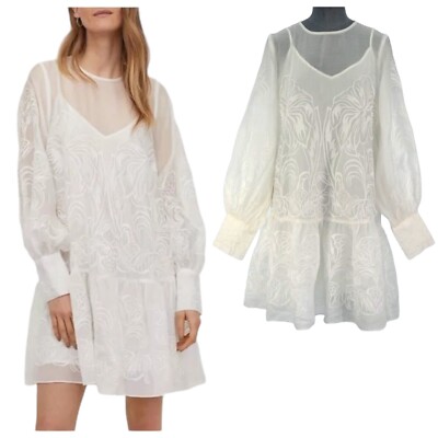 H&M Conscious Kleid weiß bestickt Hängerchen Gr. S Bohemian Relaxed Fit