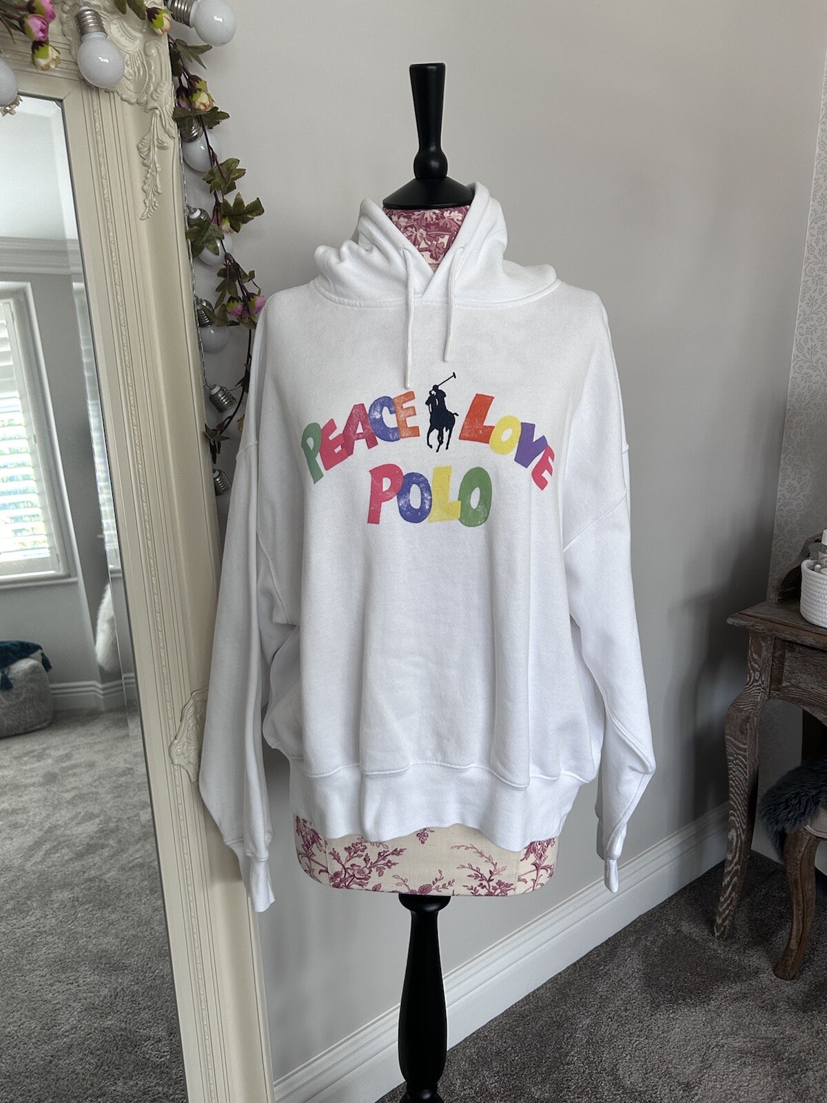 RARA Felpa con cappuccio bianca Ralph Lauren multicolore Peace Love Polo pony taglia L