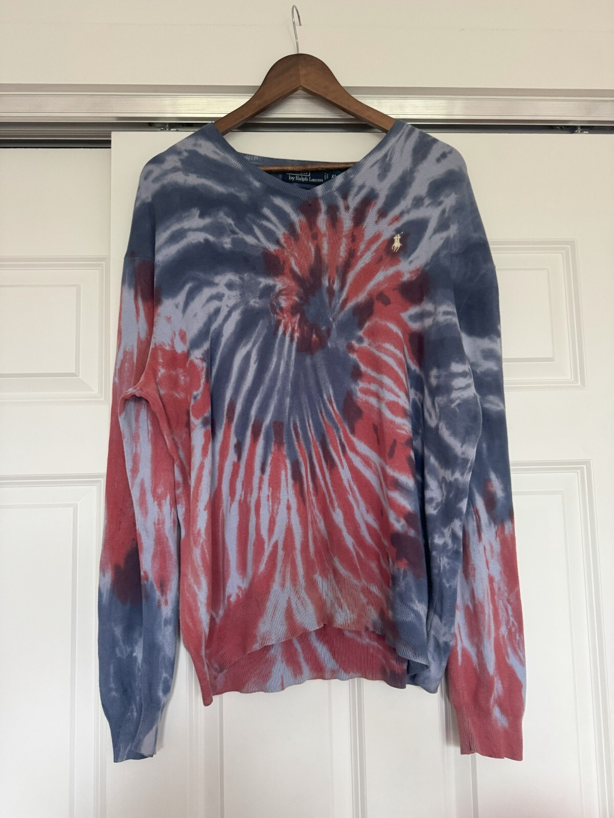 Polo Ralph Lauren uomo XL rosso tie dye pima cotone maglia scollo a V felpa pony