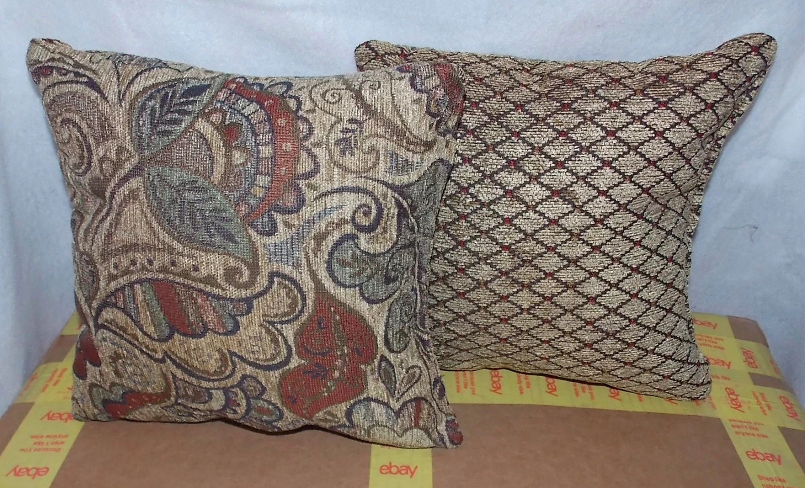 Pair of Beige Brown Paisley Print Decorative Throw Pillows 12 x 12