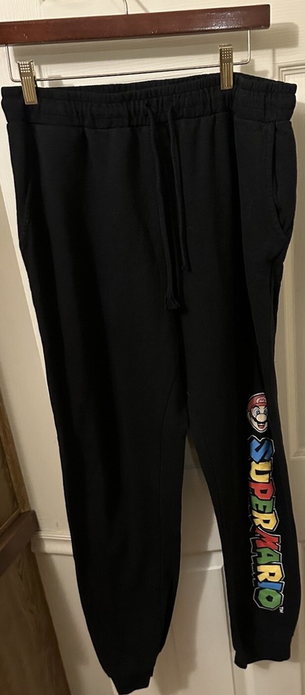 Super Mario Black Fleece Jogger Pants for Men Large Size