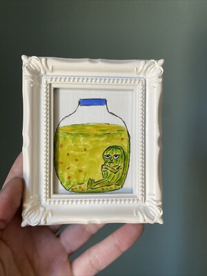 Last Pickle,humor, 3/4 Painting On Paper,framed,cute,funny,miniature,