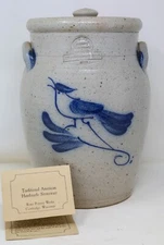 1985 Rowe Pottery Works 11" Crock & Lid Salt Glaze Stoneware Blue Jay B. Johnson