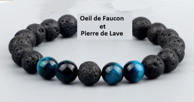 Bracelet Fait Main Perles Pierre De Lave Et œil De Tigre Bleu – Sur Mesure – Neuf Sans Emballage