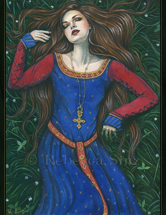 Fantasy Art PRINT Medieval Lady Sleeping Beauty Dress Blue Red Gold