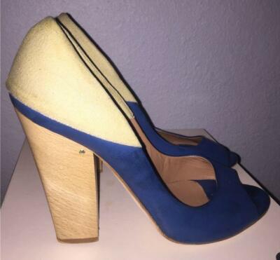Laurence Dacade Paris Color Block Canvas Leather Wooden Stacked Heel Pumps  Sz