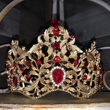 Princess Gold Tone Tiara Crown With Red Ruby And Diamond Faux Gems Pageant Royal