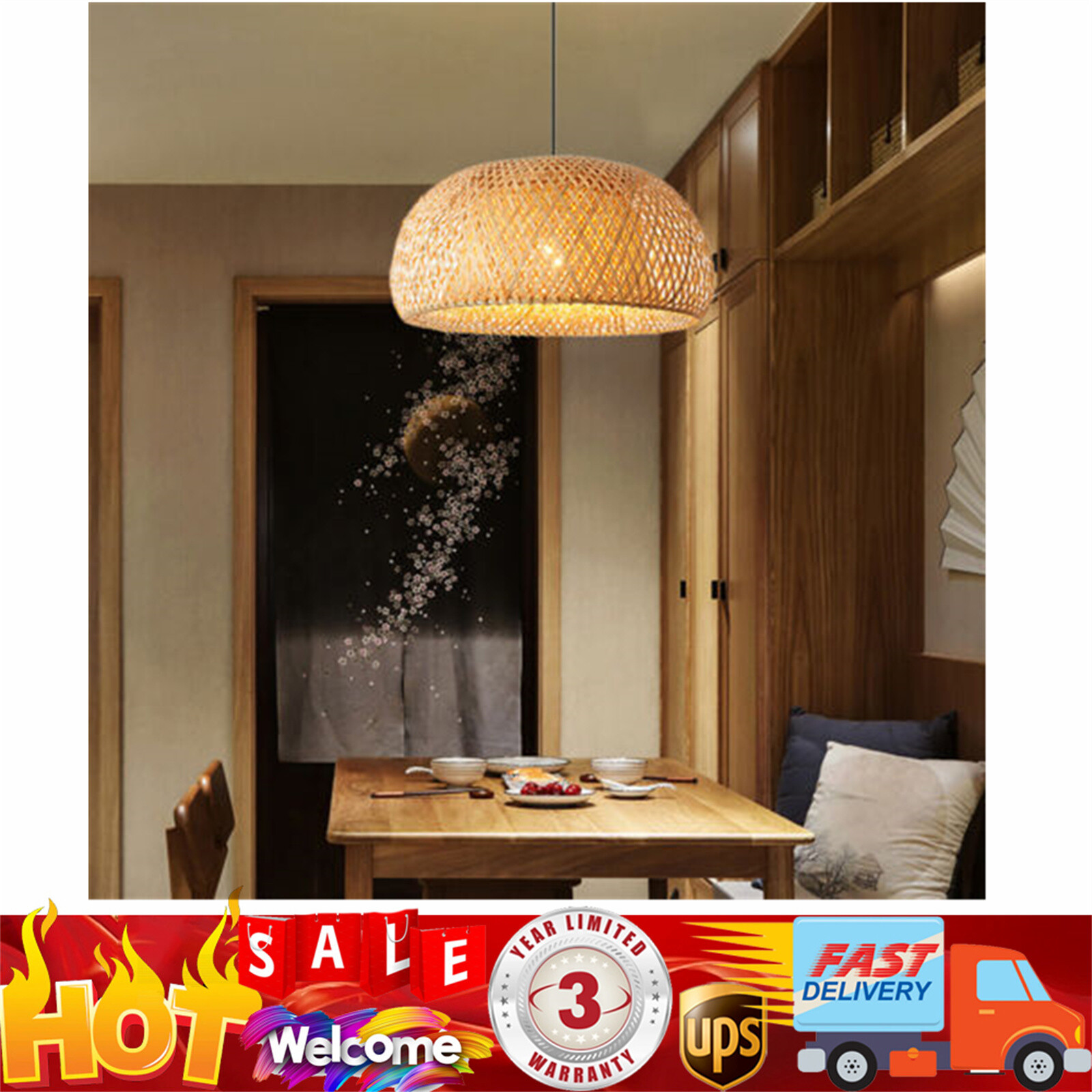 Bamboo Wicker Rattan Pendant Light Fixture Asian Vintage Hanging Ceiling Lamp US