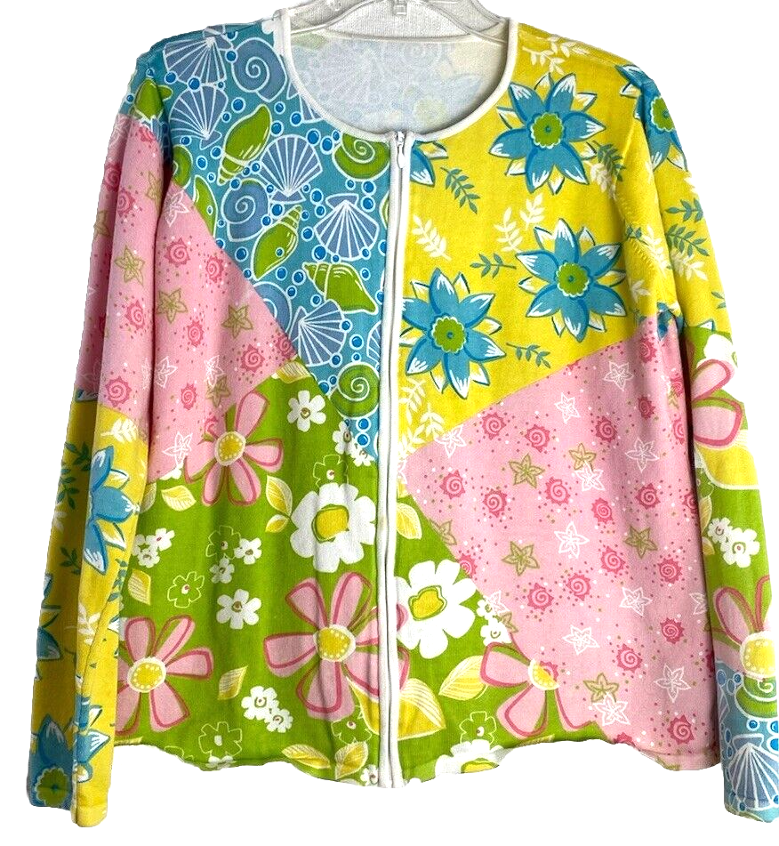 Vintage Cotton sweater womens full zip cardigan Pastel  floral Cottagecore M