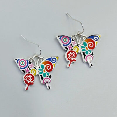 E0965 Silver Multi Color Metal Animal Butterfly Shape Drop Dangle Hook Earrings