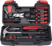39-Piece Household Tools Kit - Small Basic Home Tool Set with Plastic Red 