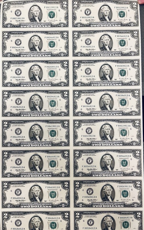 Uncut Sheet of 16 $2 Bills from 1995 Series Uncirculated F99219913A-F99594913A