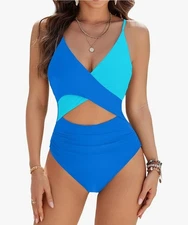 Blooming Jelly Sexy Tummy Control ColorBlock Swimsuit Blue Cutout One Piece Smal