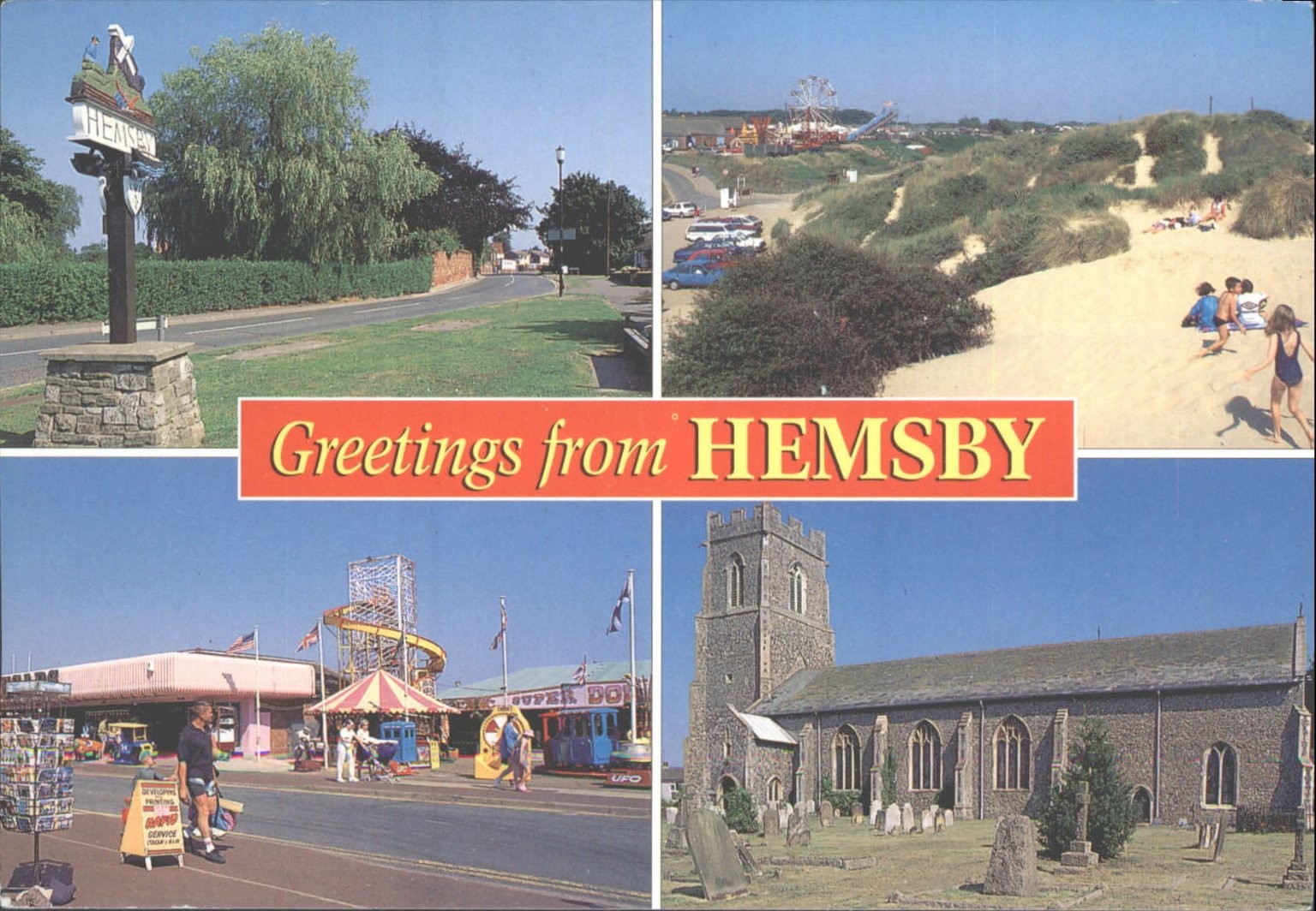 Greetings from Hemsby Norfolk UK Postcard 2003 Beach Funfair Church