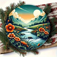 1pc 7.87x 7.87inch Aluminum Round Wall Art Sign- Rustic Stream Sunset Golden Sta