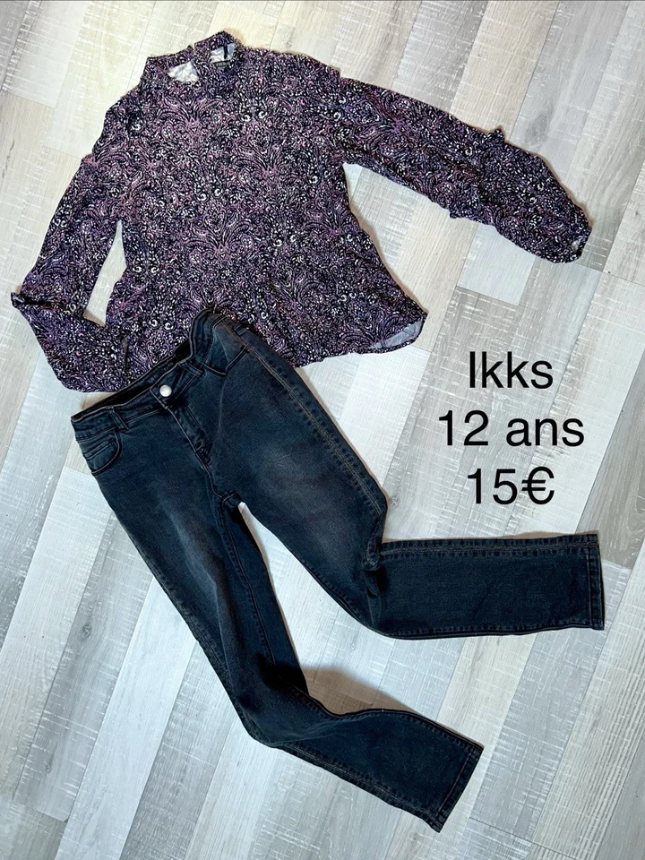 Ikks 12 ANS FILLE : CHEMISIER noir violet et Jean noir hiver tbe - Photo 1/1