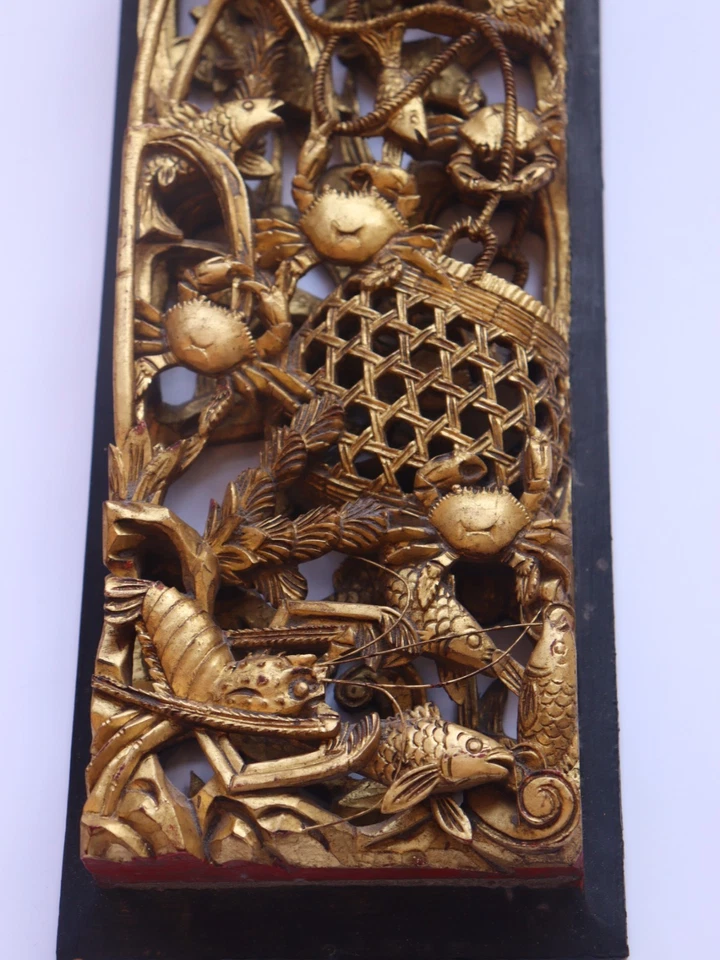Painel de madeira antigo chinês esculpido e dourado dourado com ornamentos naturais 17,3"" - Imagem 3 de 4