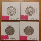 US 90% Silver Washington Quarters 3-1941, 1-1942,  Lot of 4 Coins