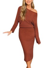 Cupshe Women s Orange Off-Shoulder Dolman Sleeve Midi Sweater Dress  Size S-XL