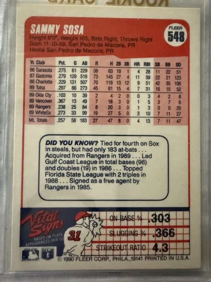 🔥 🔥 Tarjeta de novato Fleer Sammy Sosa #548 de colección 1990 ULTRA RARA-DOB error 🔥 🔥  Foto 2 de 3