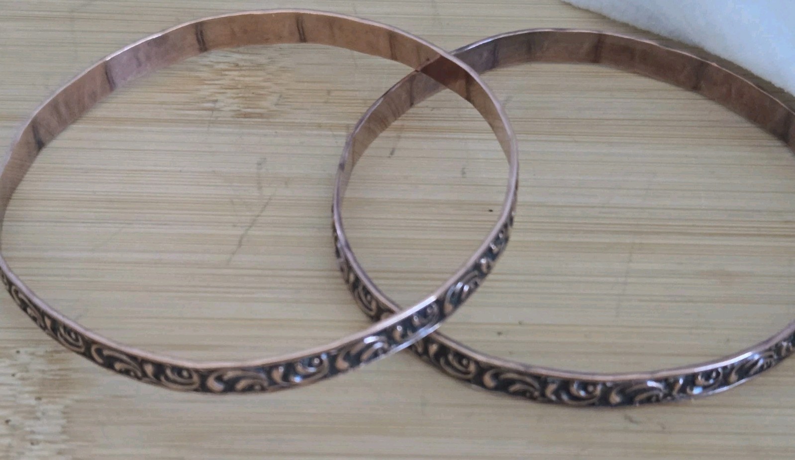 Pair Solid Copper Bangle Bracelets Etched Scroll … - image 2