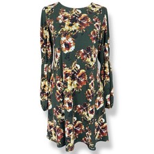 Madison Leigh Dress Womens 6 Dark Green Floral Long Sleeve Stretch Knee Length