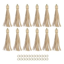 12pcs PU Leather Tassels, 4.3" Keychain Tassel with Small Rings Beige
