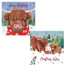 Pack of 12 Christmas Cards Square 14cm x 14cm with Envelopes - Highland Cows