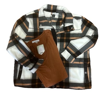 Keren Hart Ivory Black Rust Fleece Shacket & Shirt XL New NWOT