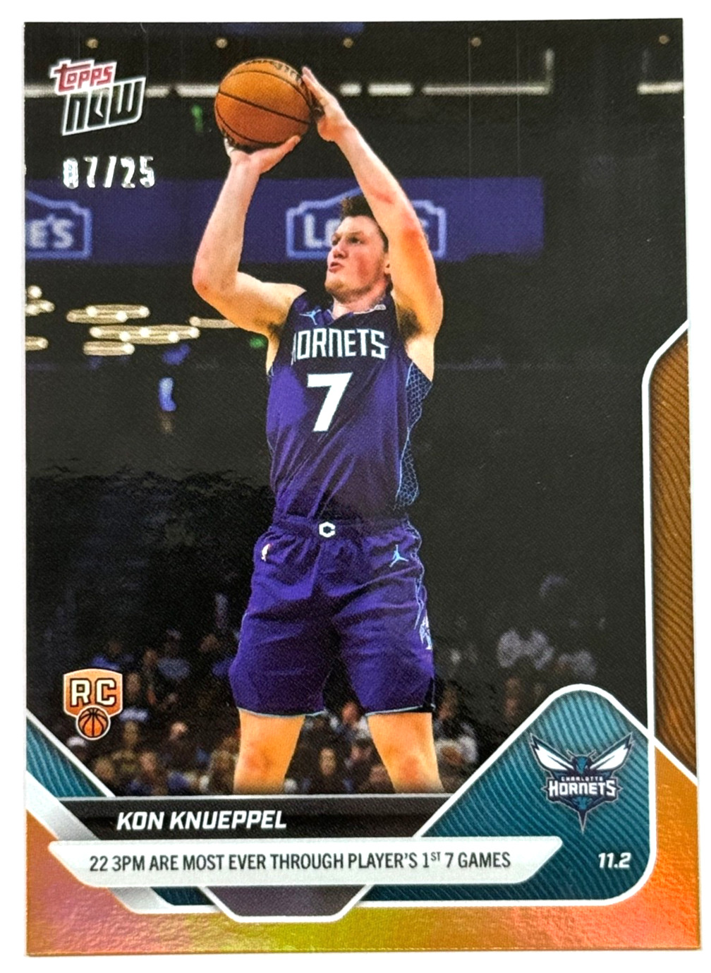 Kon Knueppel RC Hornets  2025-26 NBA Topps NOW #41 Orange Jersey # 7/25
