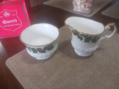 Yuletide Cream & Sugar Bowl Set Queens Fine Bone China.   Holly Print.       B7