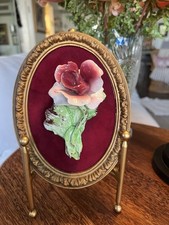 Vintage Capodimonte Italian Porcelain Pink Rose Velvet Oval Plaque Frame 6x7.5