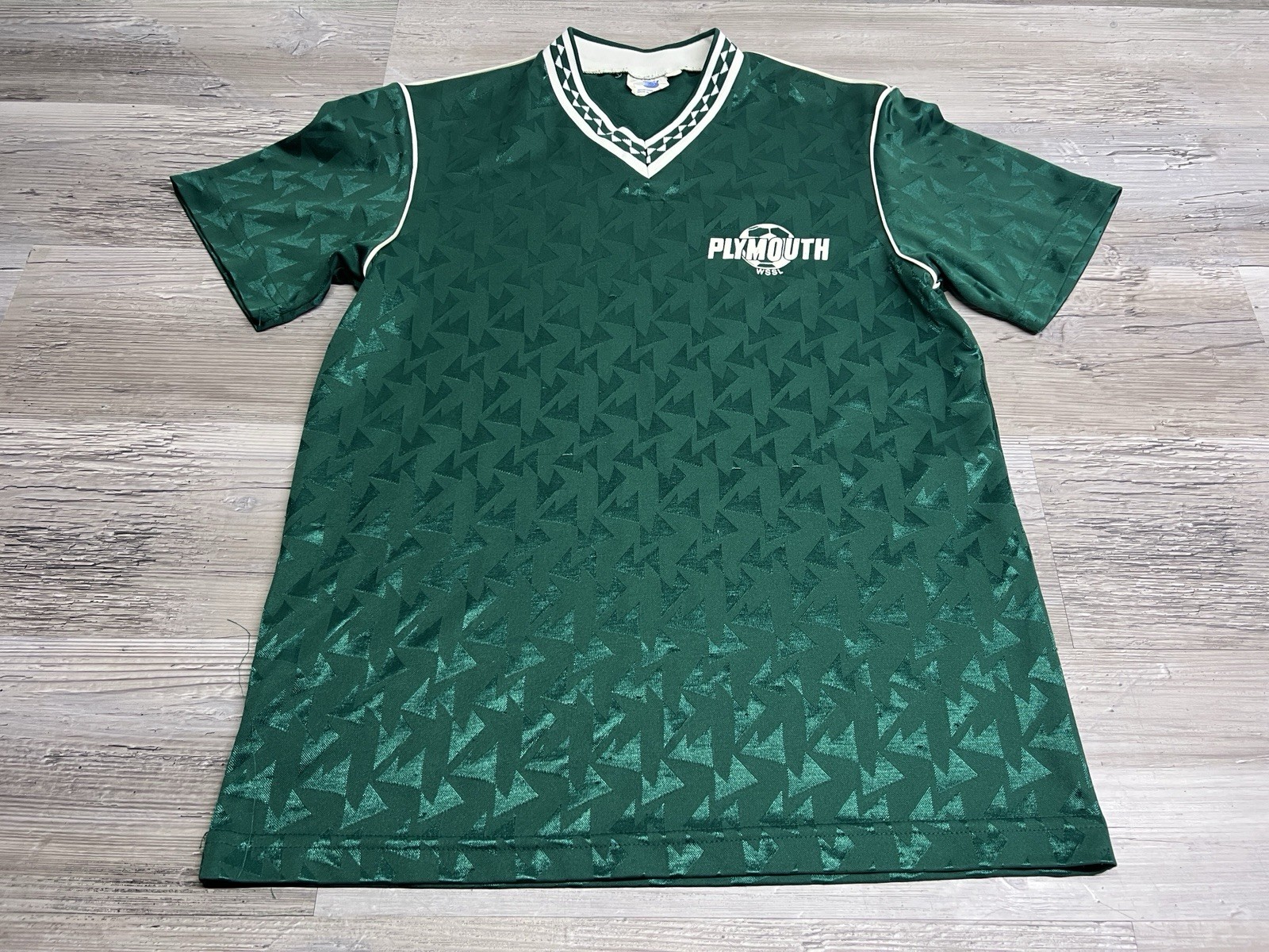 Vintage Plymouth Club Soccer Jersey Distressed Size S #13 Dark Green Satin