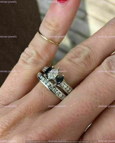 2 CT Marquise Lab-Created Sapphire Bridal Wedding Ring Set 925 Sterling Silver - Picture 2 of 8