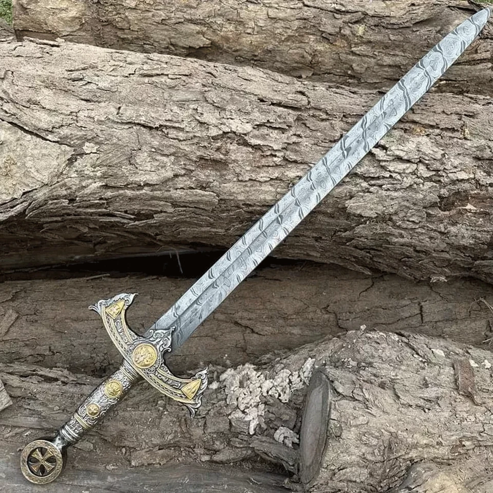 Tempelritter Schwert-Damaststahl Kreuzritterschwert Handgefertigt, Lederscheide - Bild 3 von 4