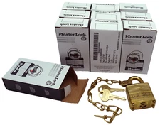 Lot (10) Master Lock DG Commercial Brass Military Padlocks w/Chain - Keyed Alike