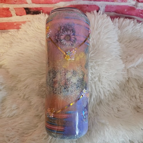 Handcrafted Tumbler with Glitter Soft Colors Flower Embellishments 20oz Skinny - Picture 4 of 6