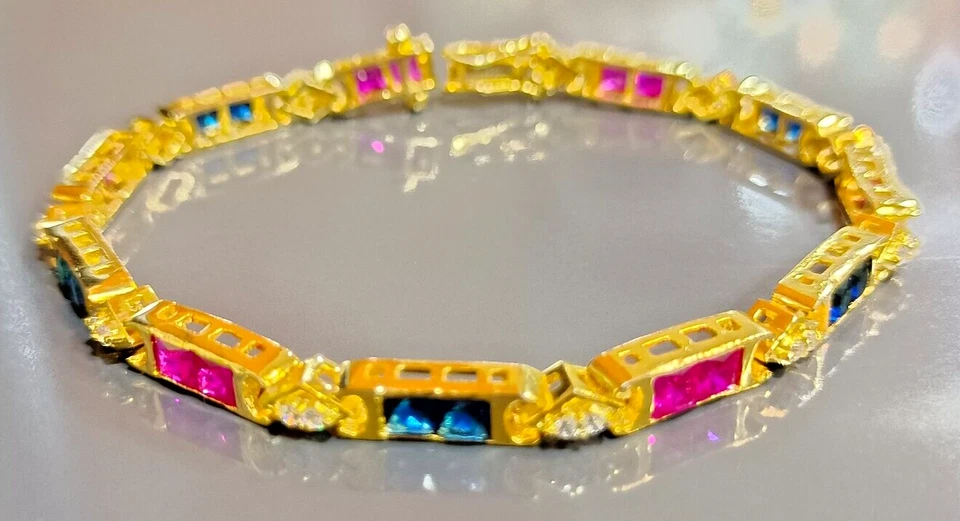 Tennisarmband 6,25 Ct Simulierte Rubin Saphir & Diamant 14k Gelbvergoldet - Bild 3 von 4