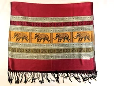Cashmere Pashmina Shawl Wrap Scarf Burgundy and Gold w/Fringe Elephant Parade