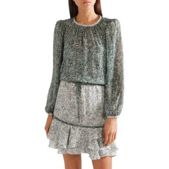 OFF WHITE Mini abito Veronica Barba Dorado Increspature Floreale Seta Verde e Bianco sporco Taglia:0