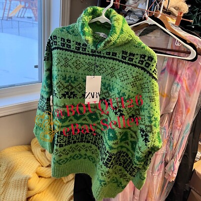 ZARA WOMAN LOOSE-FITTING OVERSIZE JACQUARD KNIT SWEATER GREEN REF 