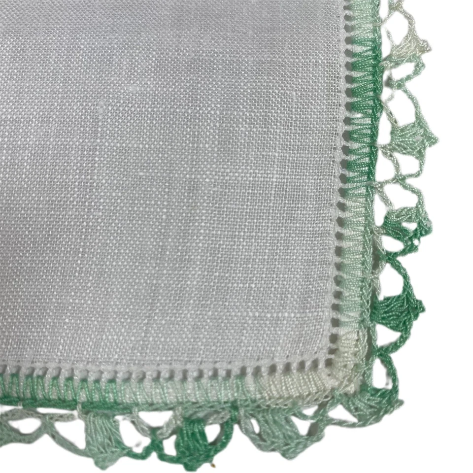 Vintage White Handkerchief Hanky Green Crochet Border Ireland Pure Linen Pocket - Image 2 of 4