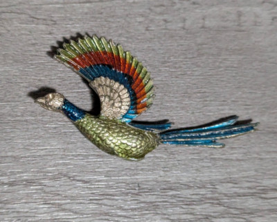 Vintage 2.5'' Metal Enameled Pheasant Bird Gold Tone Pin Brooch Marked J.J.