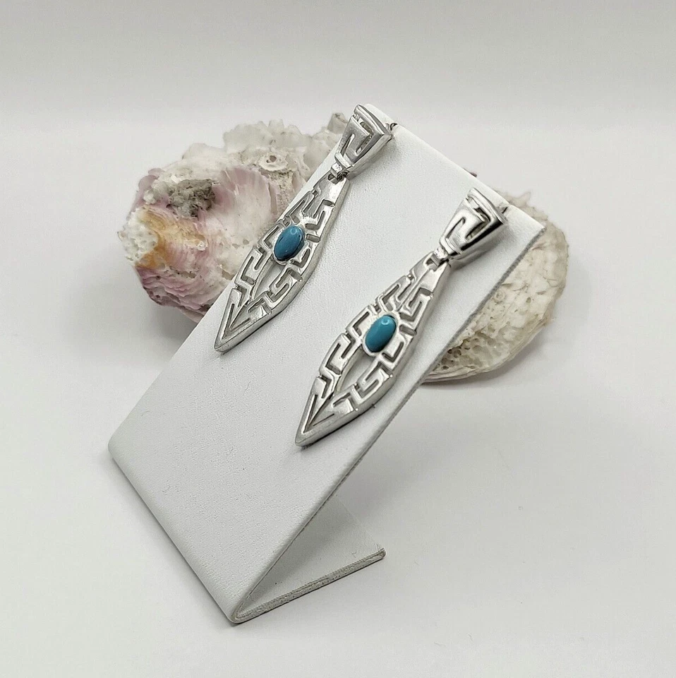 Greek Key Sterling Silver 925 Stud Earrings with Turquoise Stone - Image 2 of 4