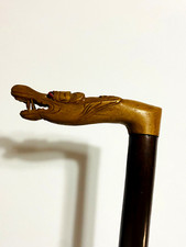 Rare  Unique VTG Wooden Hand Carved Walking Cane Red Eyes Dragon Stick Handle.