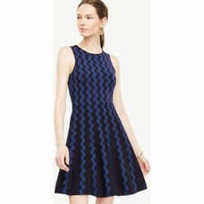 Ann Taylor - LARGE Blue Geo Jacquard Sleeveless Flare Sweater Dress $139.00 (H)