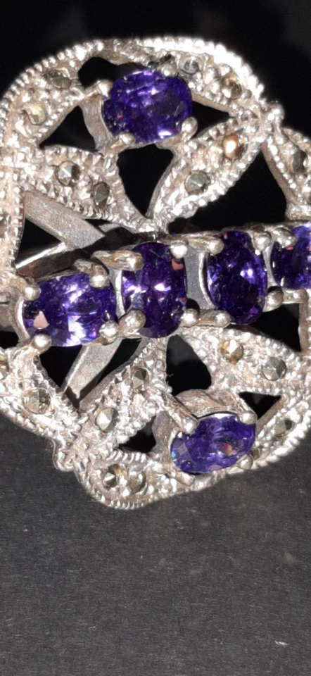 Maxi Anello Argento Ametista Ed Ematite Vintage - Immagine 4 di 4